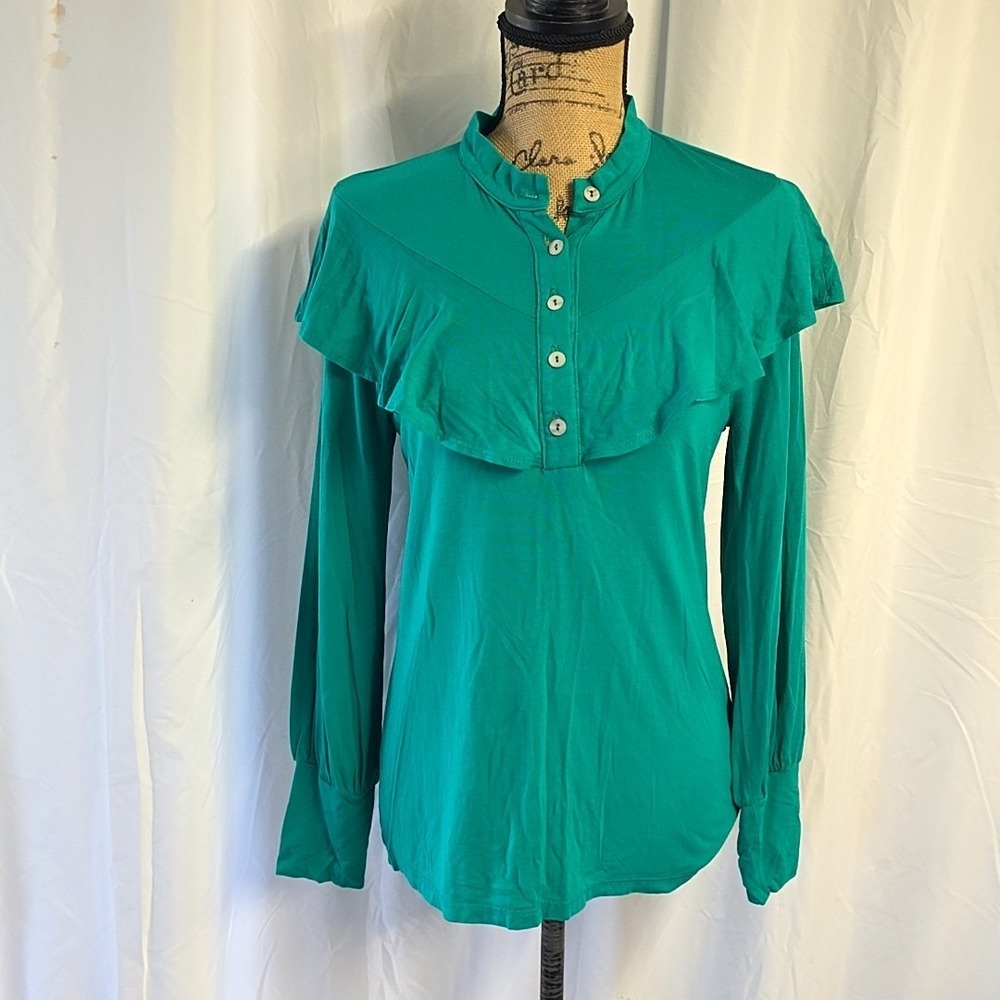 Brigette Brianna Womens S Top Green Ruffle 1/4 Button Long Sleeve Western Boho